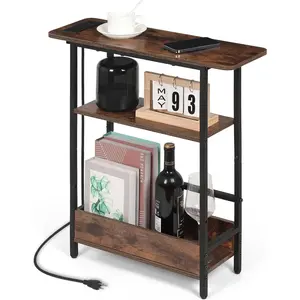 Narrow Side Table with USB-C Charging Station, 3-Tier Slim End Table with Magazine Holder, Modern Thin Side Table for Couch or Small Spaces, Skinny Nightstand for Living Room or Bedroom