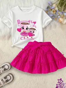 Cute Ballerina Cappuccino Pattern Girls' Set, T-Shirt & Lace Skirt, Casual Girly Spring & Fall, Breathable and Comfortable