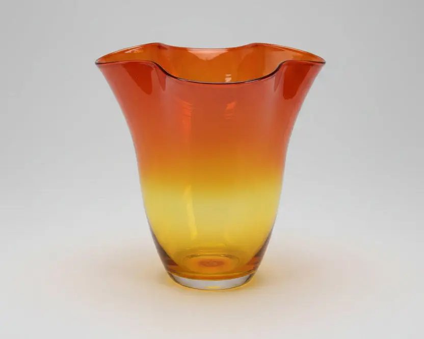Vintage Blenko Glass Ruffle Decorative Vase - Tangerine Amberina, Lemon-Infused Yellow-Red-Orange Ombre, Free-Form, 9 to 9.5in Modern Home Decor, 9 To 9.5 Inches Tall, Handmade