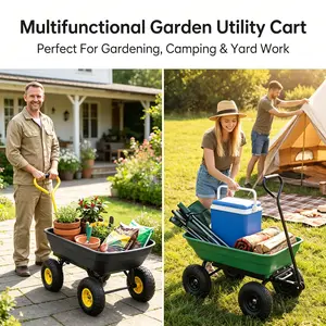 4 cubic feet, 10-inch tubeless polyethylene patio loading cart with a 180° rotating handle, 330 lb capacity; heavy-duty garden cart and handcart