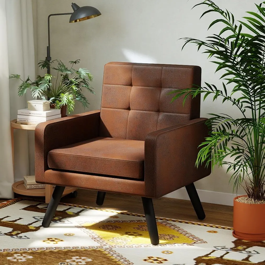Mid-Century Modern Upholstered Armchair - Cushioned Arm Support, Button Tufted Back, Aluminum Frame, Cotton & Metal Details, Large Seat, 496 Lb Weight Capacity, Cozy Indoor Furniture for Living Room, Bedroom, Cafe