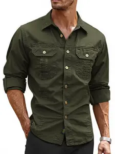 Men's Durable Workwear Long Sleeve Shirt with Buttoned Chest Pockets, Outdoor Adventure Casual Wear, Multi-Color Options