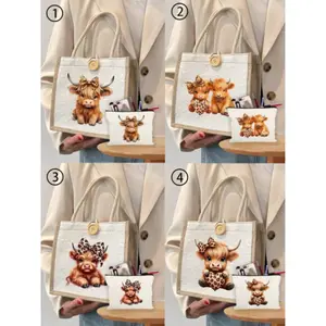 Charming Highland Cow Pattern Khaki Floral Tote Bag Set, Cartoon Butterfly Highland Cow Print Linen Tote Bag, Small Floral Linen Button Decor Tote Bag, Thanksgiving Gift Bag, Simple Large-Capacity Tote Bag