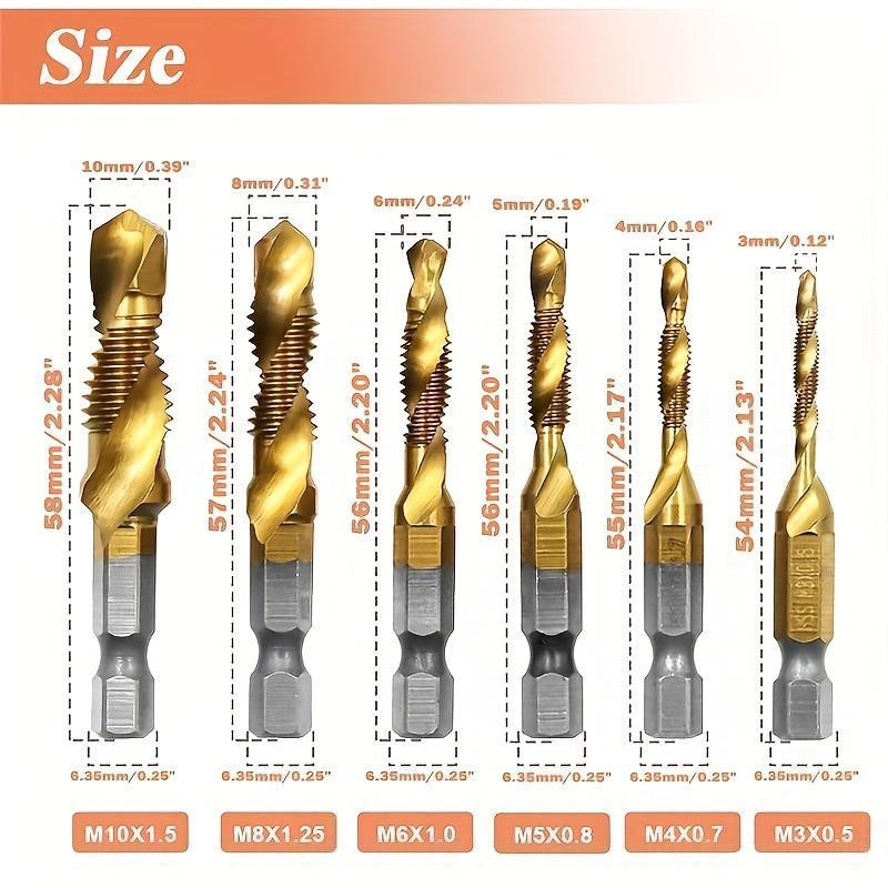 6 PCS Titanium-Coated Drill Bit Set, High Speed Steel Tap Drill Bit, Hex Shank M3 to M10 Sizes for Wood, Plastic & Metal, Quick Change