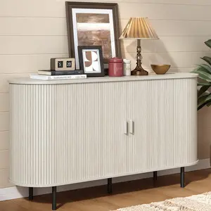 【SummerVibes】ONBRILL Coffee Table, Mid Century Modern Table with Storage Compartment, Fluted Table with Sliding Cabinet Door, Farmhouse Wood Coffee Table for Living Room