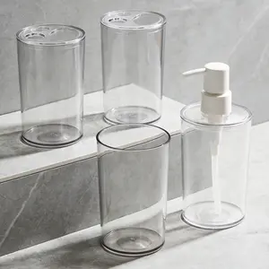 4pcs Toothbrush Holder & Soap Pump Set Clear Plastic Bathroom Essential Set with Lids for Modern Home Organization Compact & Durable