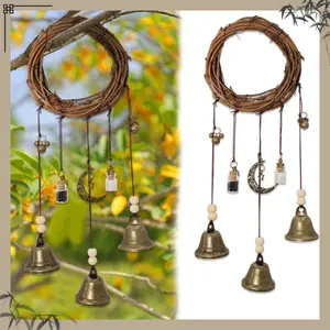 Witch Protection Bells - Black & White Jar for Home Blessing & Wiccan Door Knob Decor with Rustic Wreath Design Decoration Ornaments