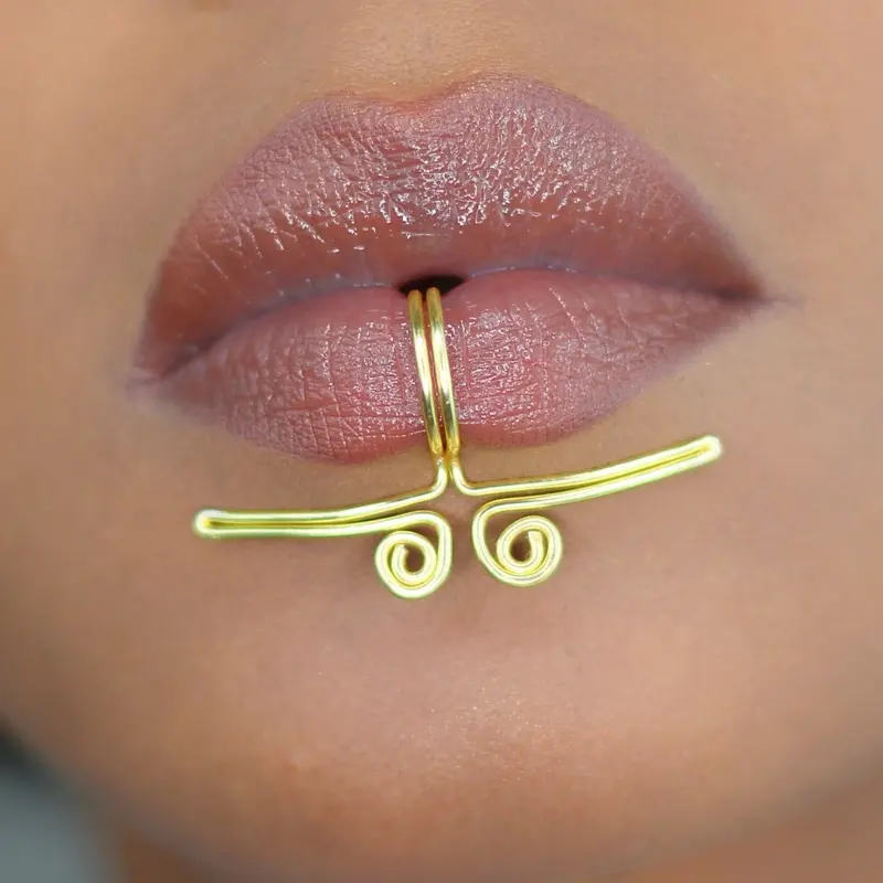 Double Spiral Bar Lip Cuff Handmade Gold Wire Faux Piercing Lip Jewelry Afro Futuristic Statement Lip Ring Unique Design