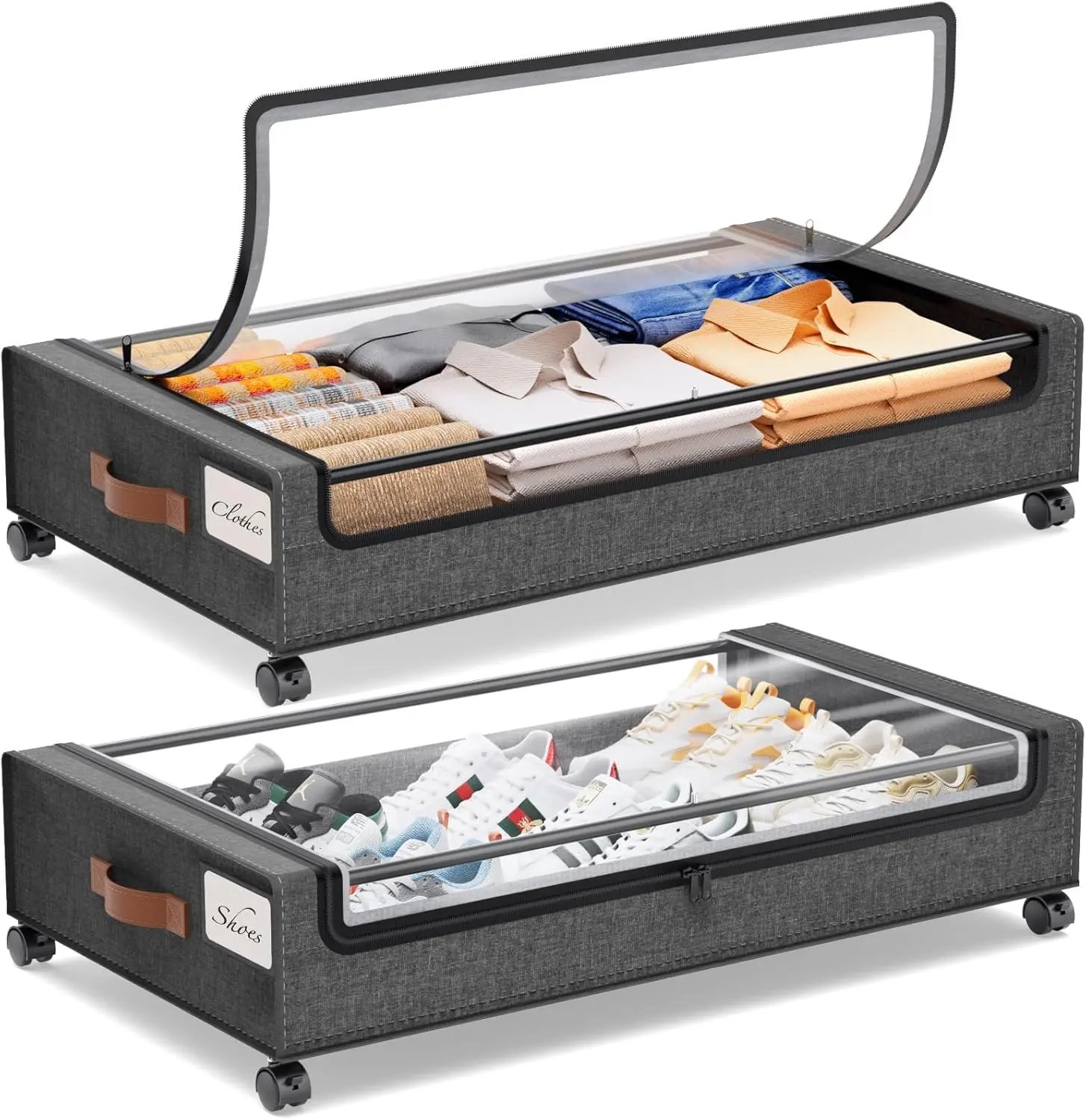 Under Bed Storage with Wheels 2Pack Storage Containers with Clear Window&Label Under Bed Drawers Rolling Under Bed Storage for Clothes,Shoes, Blankets