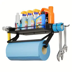 Hot Garage Paper Towel Holder, Wall Mount Paper Towel Holder with Shelf One Hand Tear, Garage Organization and Storage with 4 Detachable Hooks, Holds 50 lbs, for Quick Clean Station, Workshop