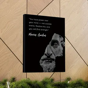 1pc Wood Framed Canvas Poster - Marcus Aurelius Stoicism Quote Inspirational Wall Art, Classical Roman Bust Fragmented Face Monochrome Black & White Typography Print, Vintage Modern Art Deco Style Ready to Hang for Living Room, Bedroom, Office, Study, Dor