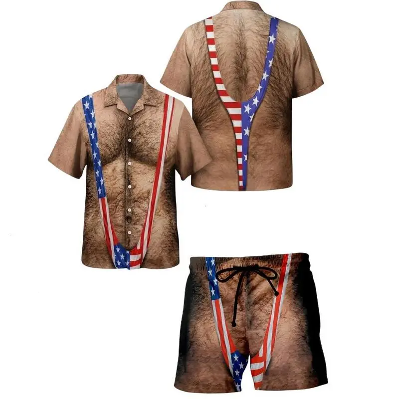 Funny Patriotic Hawaiian Shirt & Shorts Set for Men – American Flag Suspender Print Outfit, 4th of July Independence Day USA Flag Summer Vacation Clothing