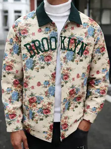 Men's Corduroy Jacket Coat, Long Sleeve Floral Colorblock Lapel Letter Embroidery Pockets Zipper Casual Outerwear, Durable Woven Jacquard Fabric, Street Fashion