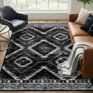 Western Rug Machine Washable Non-Slip Low Pile Print Patternfor Living Room Bedroom Entryway Tribal Series -Black