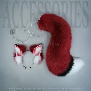 Women's Plush Fur Red Wolf Ear-Tail Set - Furry Jackal Ear Headdress, Fox Cosplay Halloween Costume Hair Accessory Headband, Fashion Accessory, Accessories