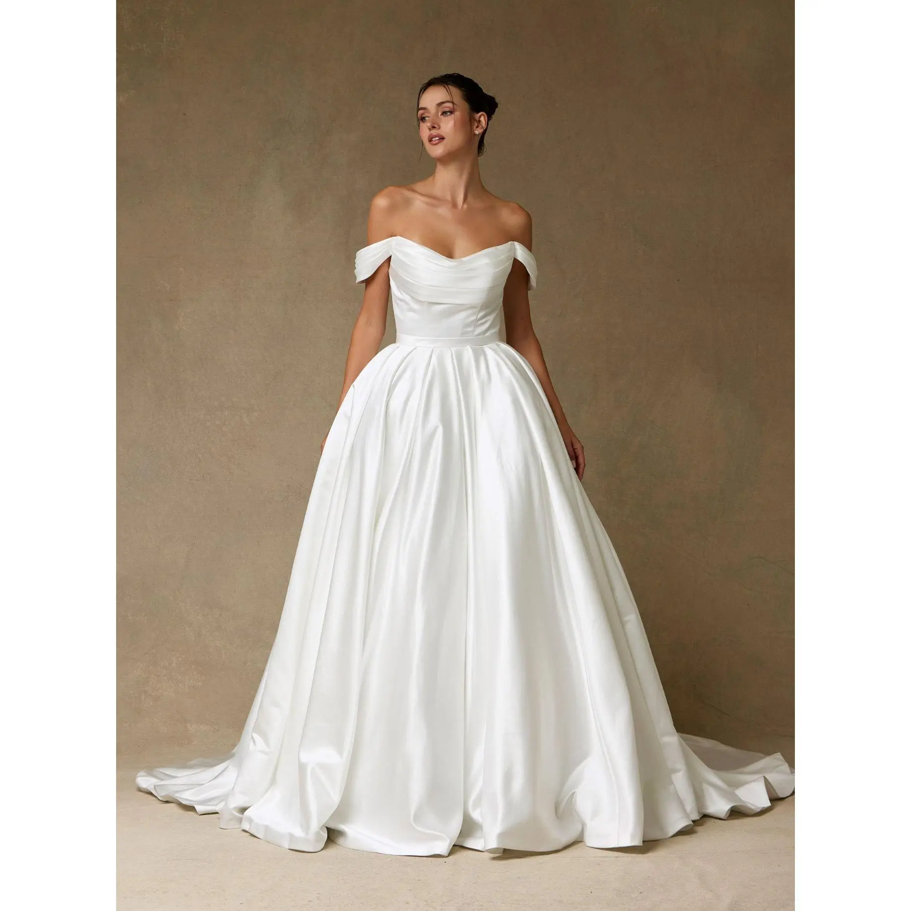 Off-the-Shoulder Satin Ball Gown Wedding Dress with Bow Back – Minimalist Classic Bridal Gown with Train