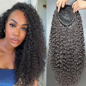 [3 IN 1 Half Wig] Half Wig Human Hair Kinky Curly Glueless Wig Human Hair Ready to Wear 3 IN 1 Half Wig With Drawstring Seamless Clip Ins Flip Over Wig For Women