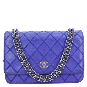 Pre-owned CHANEL Calfskin Leather Crossbody Bags Fancy CC Quilted Wallet On Chain Bag Royal Blue