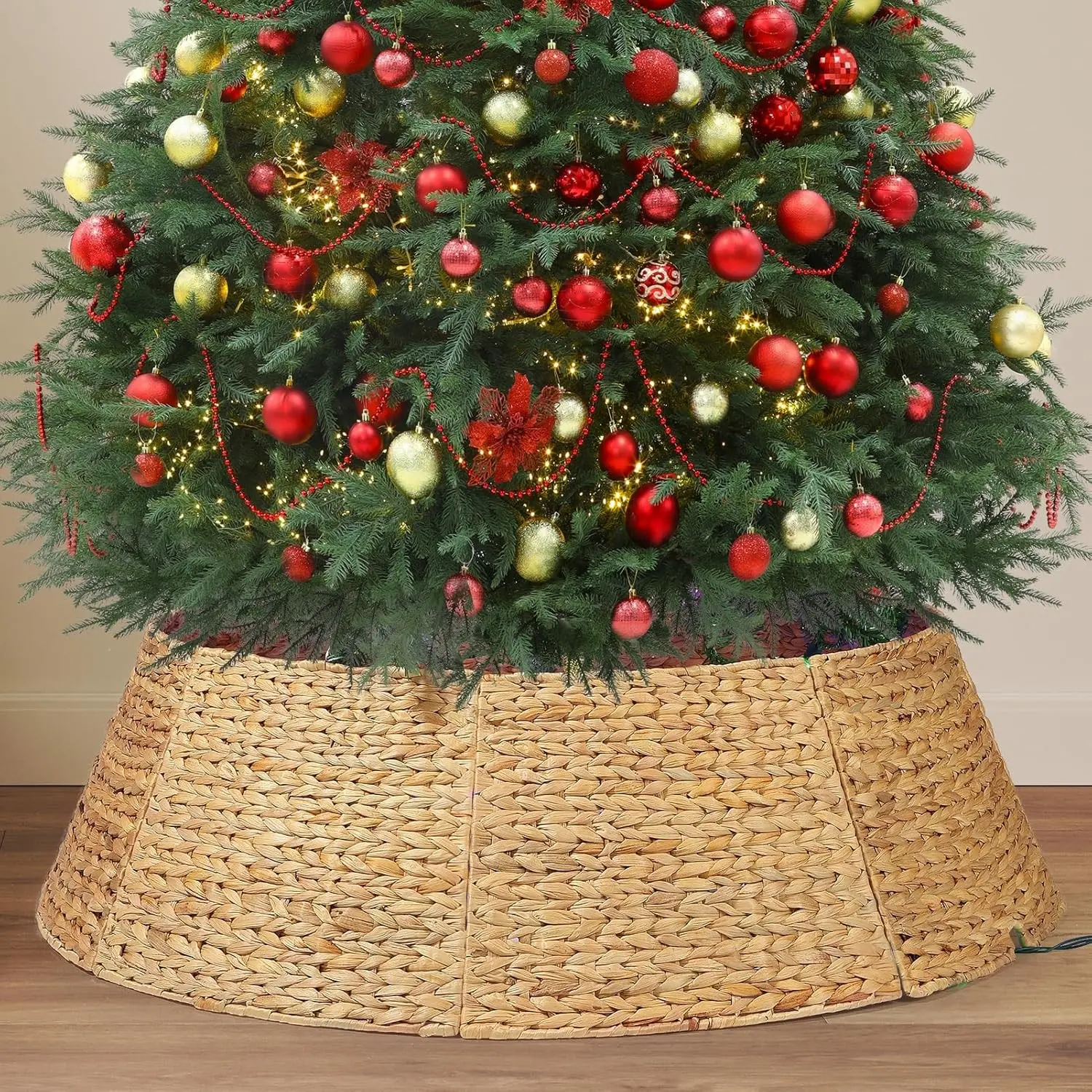 42 Inch Extra Large Christmas Tree Collar, 8 Piece Durable Hyacinth Christmas Tree Base Cover, Handmade Wicker Xmas Tree Collar Adjustable Tree Skirt for Artificial Tree Pencil Tree - Nature