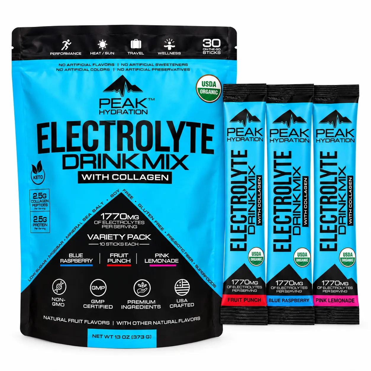 Peak Hydration Electrolyte Powder Drink Mix with Collagen, 1,770mg Electrolytes, 2.5g Collagen, Organic, 30 Stick Variety Pack