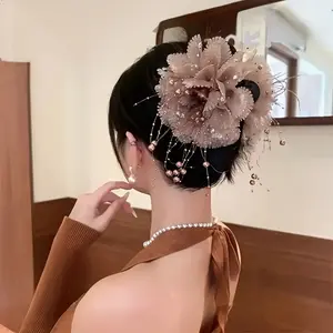 Korean-style single peony beaded tassel hair clip - Elegant shark clip for women's party and daily styling, finely crafted high-quality hairpin, adjustable for a secure grip