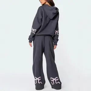 2 Piece Outfits Bow Trim Print Hoodie Sweatsuit Sets Oversized Sweatshirt Wide Leg Sweatpants With Pockets