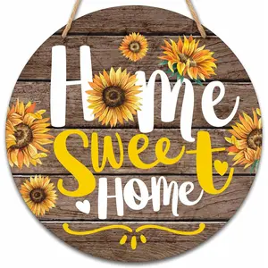 Welcome Sign for Front Door, Home Sweet Home Round Hanging Sign With Rope, Sunflower Wall Decor For Farmhouse Home Front Door Porch, Housewarming Gifts for Family Friend, A31