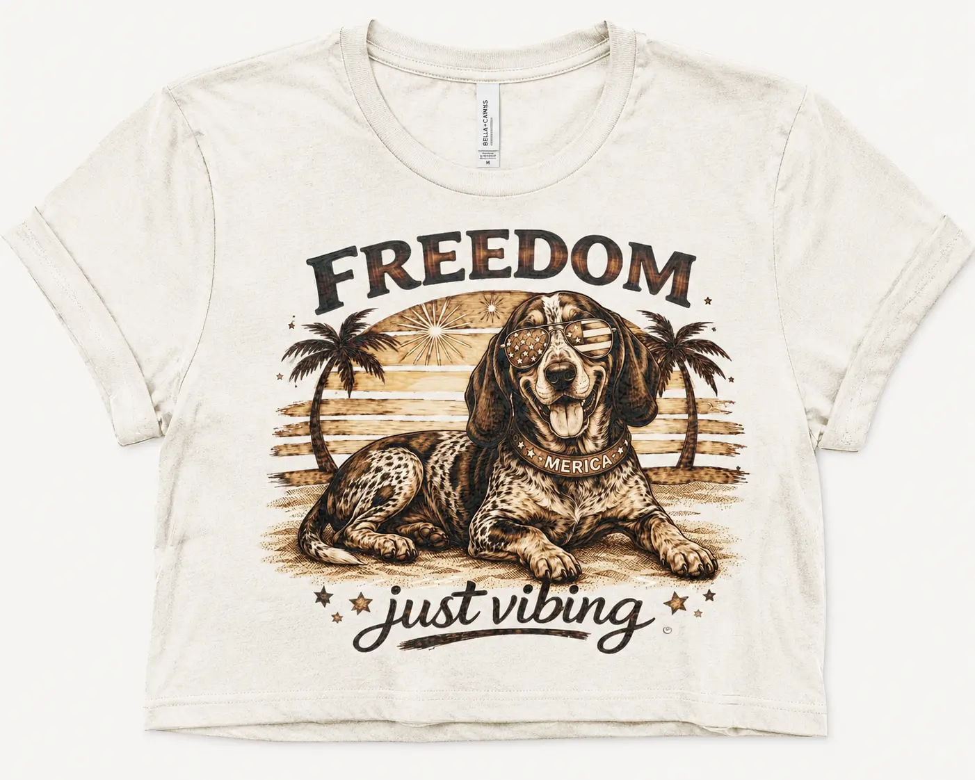 BossTon Apparel Co. Women's Soft Cotton Graphic Print Crew Neck Cropped Boxy Fit Short Sleeve Tshirt - Classic Collection Blue American Flag Edition, Breathable Fabric, Lightweight, Casual All Seasons Beach-Ready Top