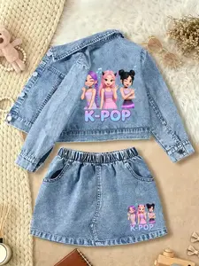 Girls' Cartoon Pattern Loose-Fit Suit Set, Comfortable Elastic Waist Design, Perfect Valentine Gift, Casual Fall & Winter Wear