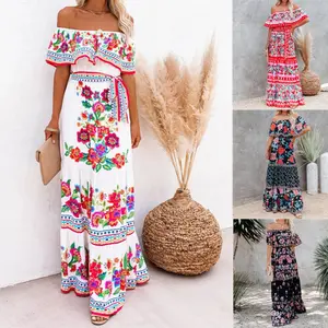 Women's Mexican Dress Summer Floral Print Off The Shoulder Sleeveless Beach Long Maxi Dress