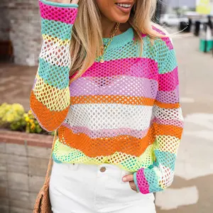 Rose Red Colorblock Patchwork Knit Crochet Eyelet Sweater