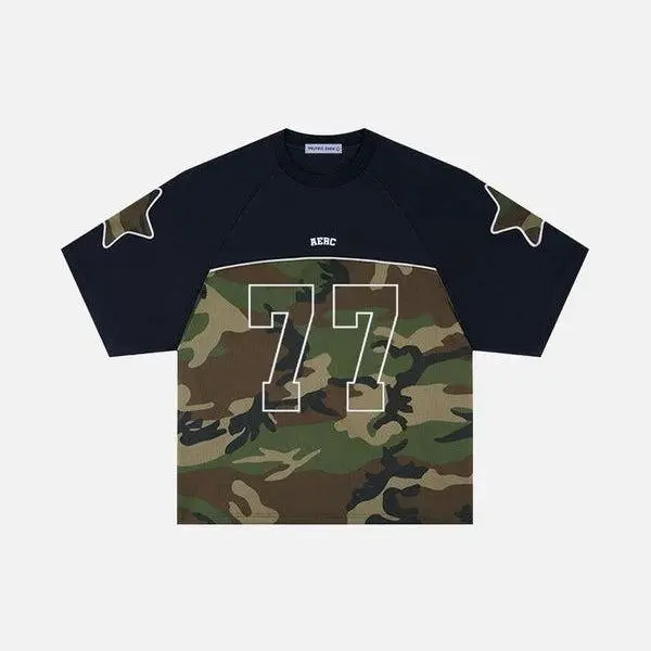 AELFRIC EDEN Men's Oversized Vintage T-Shirt, Short Sleeve Casual Polyester Streetwear Jersey with Camouflage Patchwork, Retro 77 Graphic, Shortsleeve