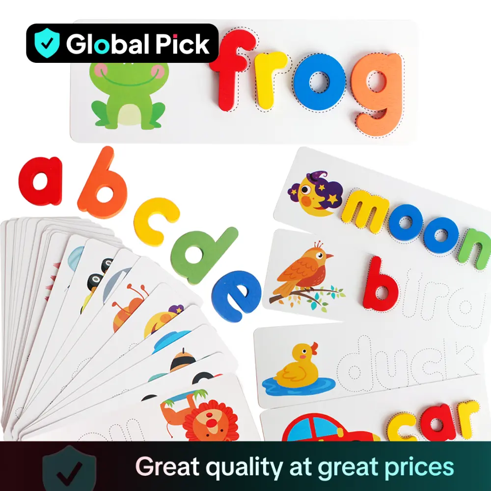 Wooden Alphabet Flash Cards, 1 Set Matching Shape Letters Word Puzzle Games, Creative Spelling Game Learning Toys for Home School