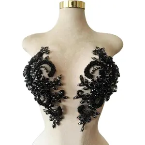 Handmade Rhinestones on Lace Applique Trim Sewing Beads Sequins Patches for Wedding Dress Accessories 1Pair/Bag 4.72X11.8inches Black