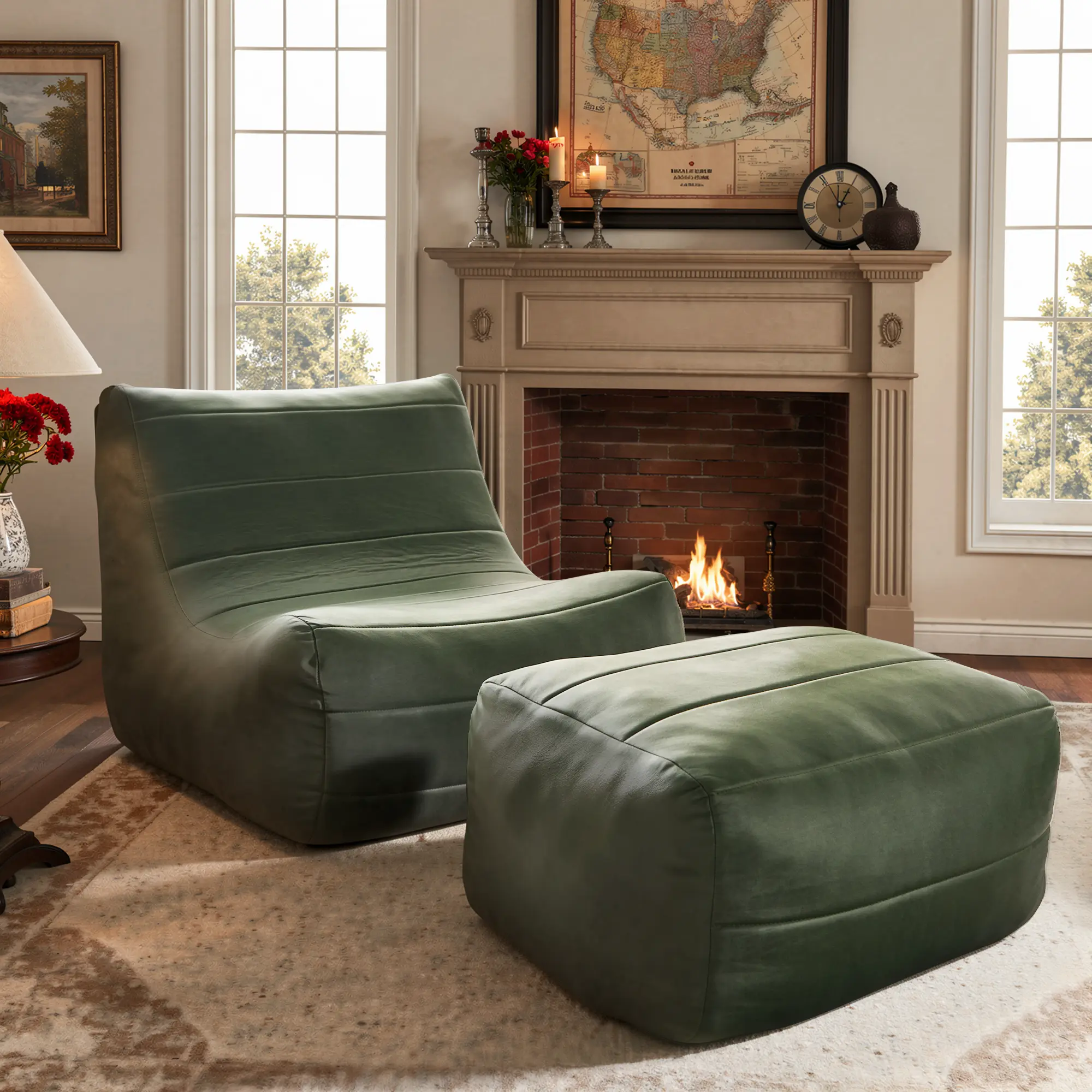 HOOOWOOO Giant Bean Bag Chair with Ottoman, Lazy Memory Foam Floor Sofa, Big Beanbag Faux Leather Armless Chair for Living Room Bedroom Dorm Office