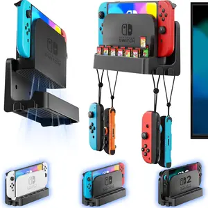 2/1 Wall Mount Kit for  2/ OLED/ Versions, Self Wall Holder Stand with Joycons Strap Hanger & 14  Slots Rack for  TV Dock Console, Display Bracket Behind TV