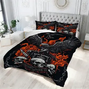 Dark Gothic Eagle Skull Bedding Set, 2/3 Pcs Comforter & Pillowcases, No Pillow Core, All‑Weather Comfortable Comforter Set, Ideal for Guest Bedroom, Boys Room, Game Room, Holiday Gift, Trendy Heavy Metal Room Styling