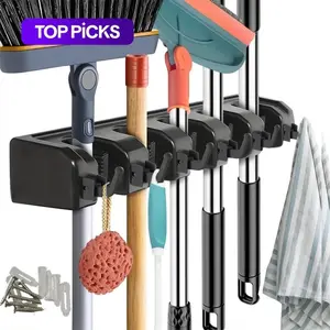 Combo 5  Slot Broom Holder or 1 Self Adhesive Mop Gripper No-Drilling, Anti-Slip Hangable Wall Mount Tool Organizers For Kitchen, Garage, Laundry Room- Anti-Slip Hanger For Brooms, Mops, Rakes, Dustpans 5 Slot 6 Hooks, Hold 30lbs
