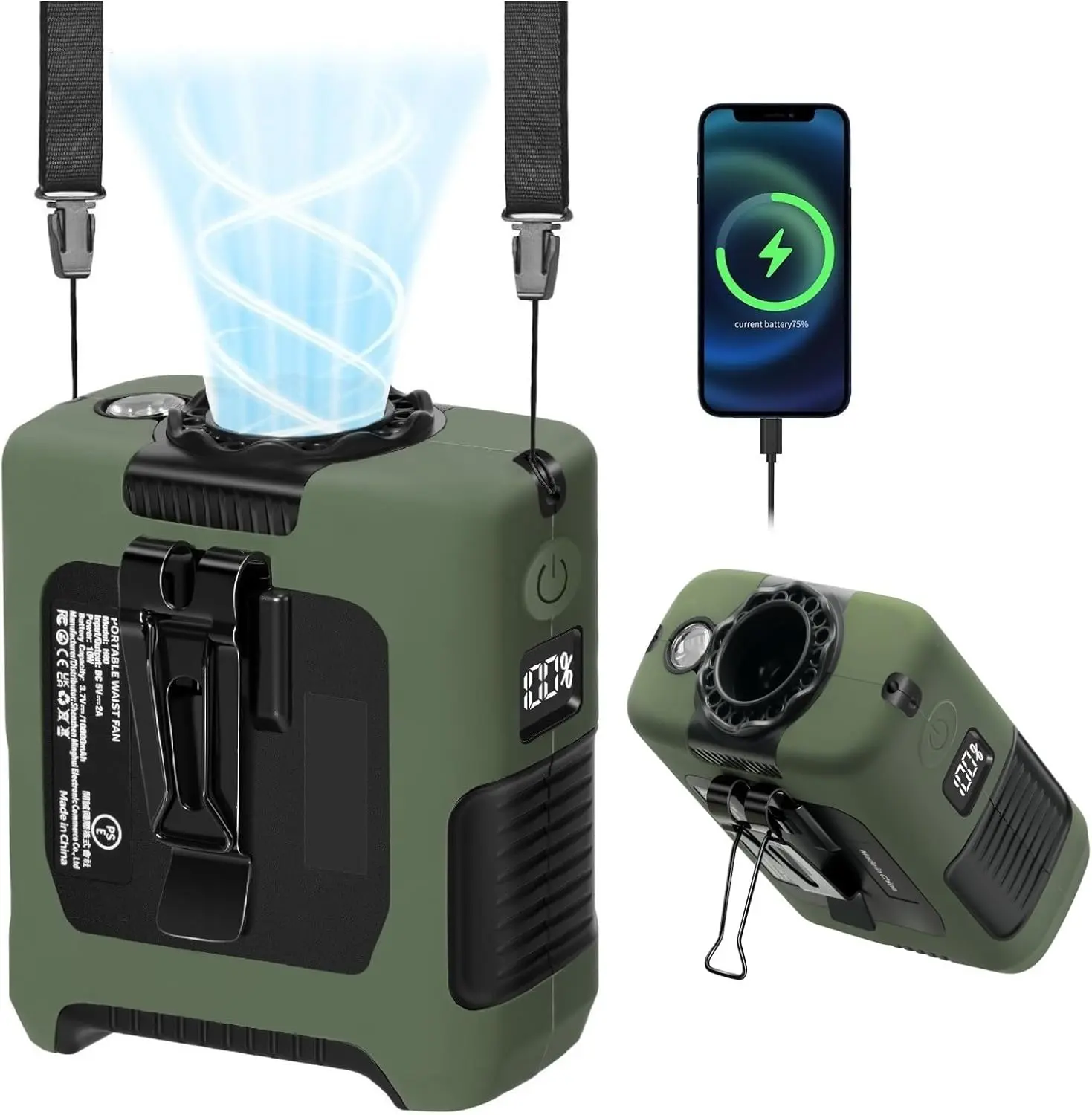 Portable Waist Fan 10000mAh Rechargeable Personal Fan with 5 Speed Max 55H Runtime Cooling Body Clip Belt Shirt Fans Hanging Neck Fans with Flashlight for Camping Hiking Travel Outdoor Green