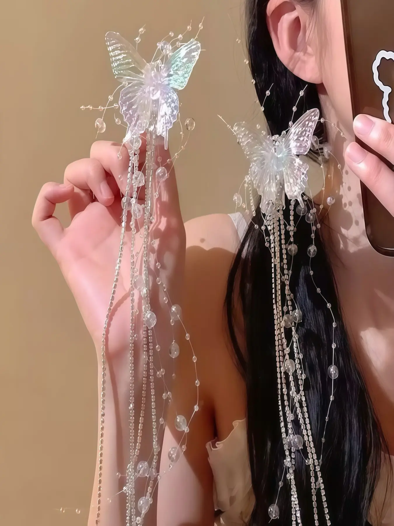PINK embellished, rhinestone tassel dangling chain hair clip  dangling hair accessories - TikTok Shop main image 4