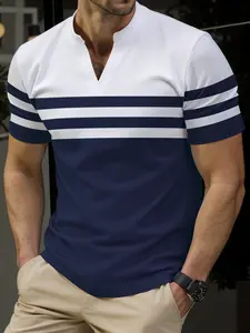 Men's V Neck T-Shirt, Colorblock Casual Summer Short Sleeve, Street Style Fashion, Fitted Long Clothing, Letter Pattern, Stylish, Menswear, Streetwear, Top