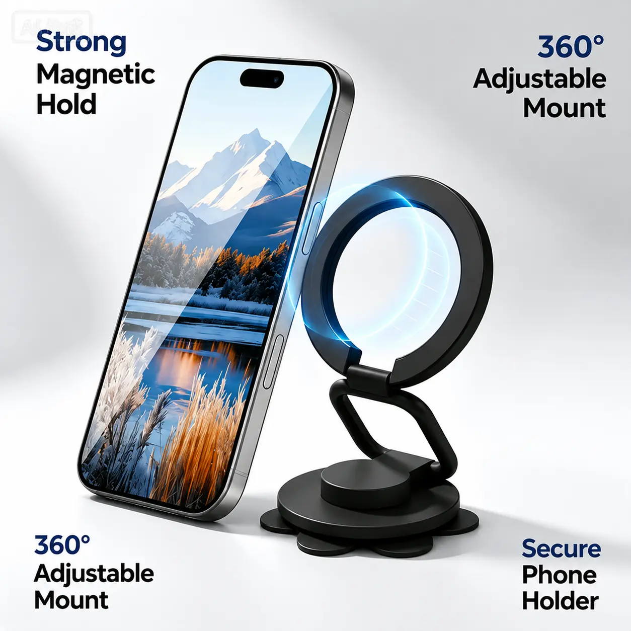 Magsafe Compatible Metal Cell Phone Holder, Strong Magnetic Suction Foldable 360° Adjustable Stand, Secure Hands-Free Mount for Car Dashboard, Desk