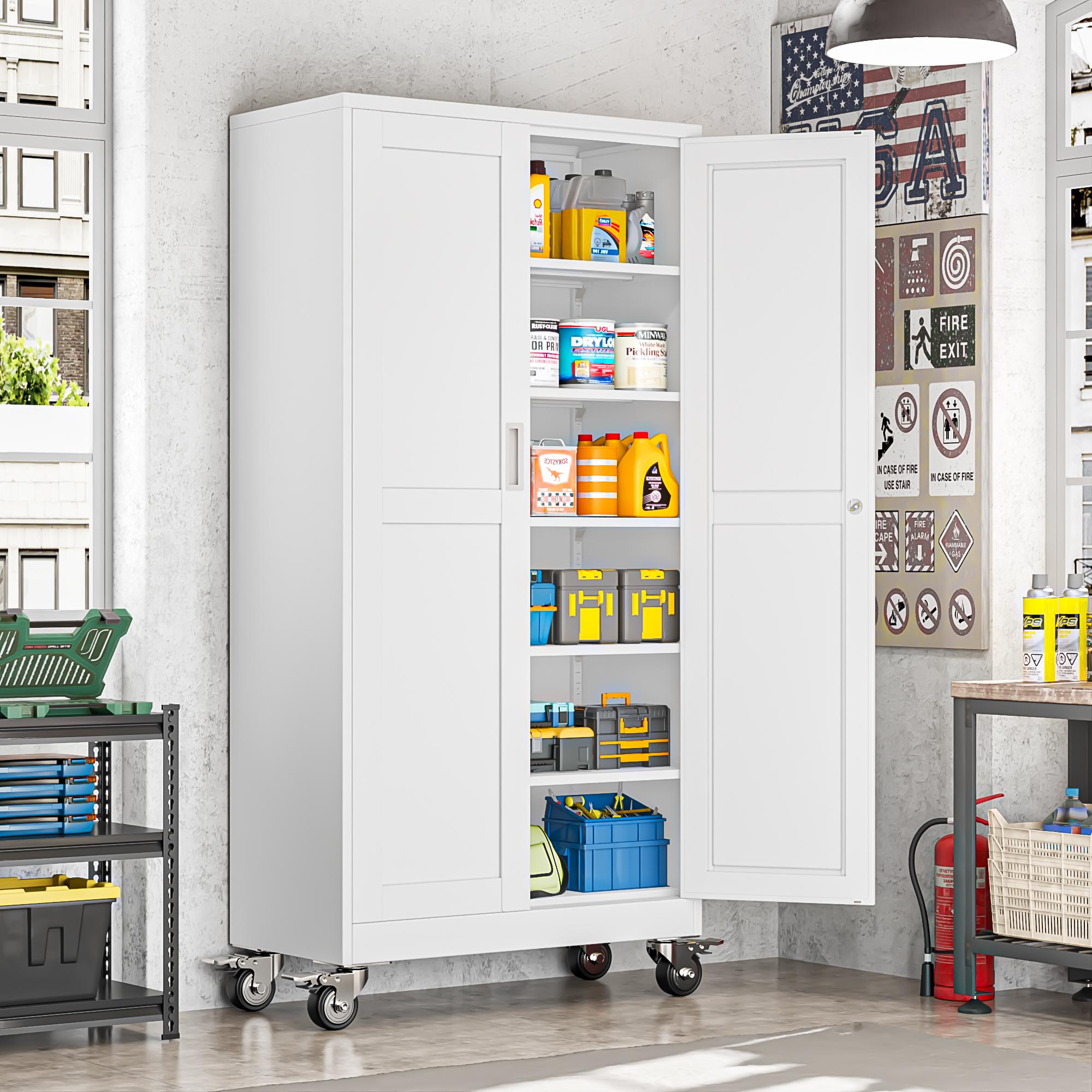 Heavy-Duty Metal Storage Cabinet with Wheels, 2-Door Steel File Cabinet with 5 Adjustable Shelves for Garage, Home Office & Warehouse Heavy-Duty Metal Storage Cabinet with Wheels, 2-Door Steel File Cabinet with 5 Adjustable Shelves for Garage, Home Office & Warehouse