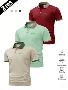 Men's Summer Bqss Print Short Sleeve Polo Shirt, Breathable Comfort Business Casual Golf Wear, Multi-Color Slim Fit