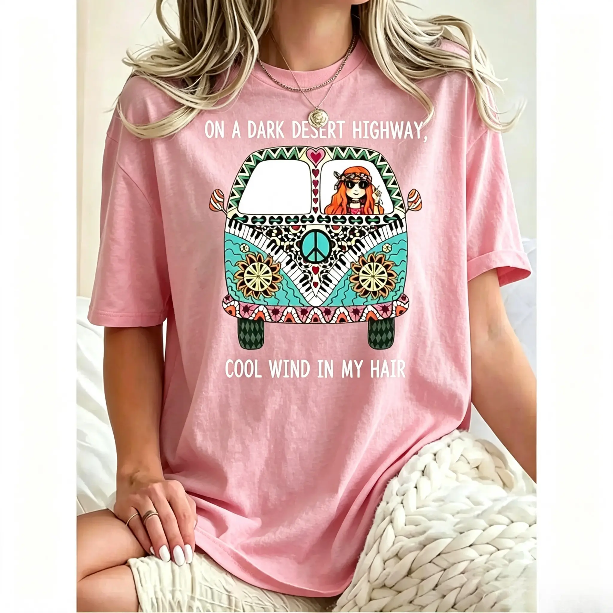 Colorful Bohemian Graphic Tee for Plus Size Women Showcasing Hippie Bus Desert Scene and Dark Highway Quote PLK0282..
