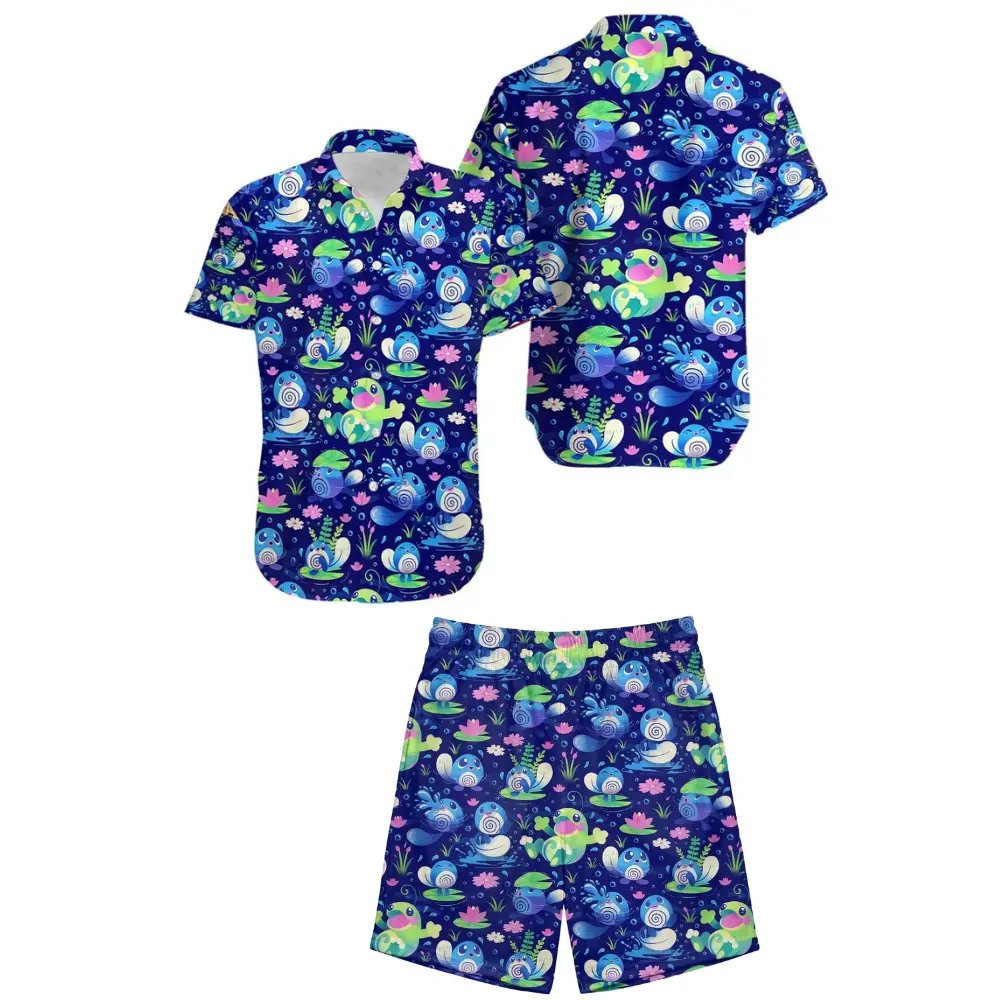 Poliwag Politoed PKM Pocket Monsters Matching Hawaiian Shirt Shorts Set, Kawaii Water Type Anime Lily Pad Print Summer Set, Perfect Gift for Him, Her