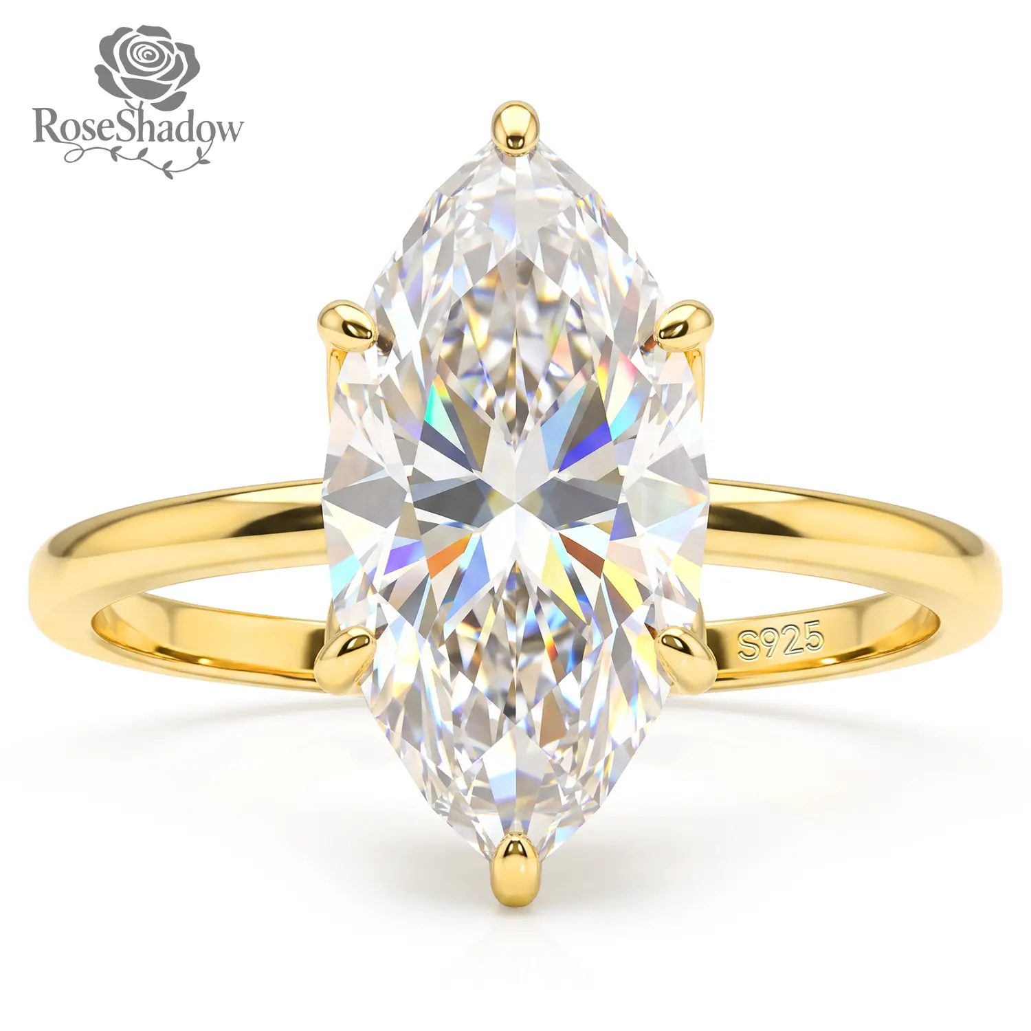 ROSESHADOW 3CT Marquise Promise Moissanite Ring for Women 14K Gold Plated 925 Sterling Silver Synthetic Moissanite Perfect Jewerly Gift for Her