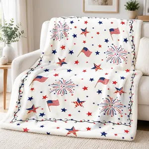 July 4th American Flag Fireworks Throw Blanket Soft Cozy Patriotic Flannel Blanket With Red White Stars Design For Sofa Bed Fireplace Cover Independence Day Home Decor And All Season Celebration Comfort