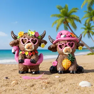 2 Pcs Hawaii Highland Cow Figurines Decor Summer Flamingo Resin Statue Gnomes Scottish Calf Lovers Housewarming Gifts for Coastal Garden Home Kitchen Office Tiered Tray Table Decor