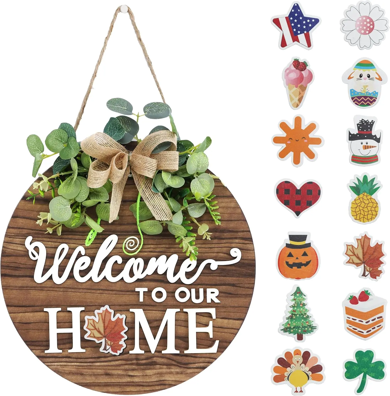 Interchange Welcome Sign Front Door Wreaths for Spring Fall Summer Winter | Rustic Wood Wreaths for Wall Home House Warming gifts Outdoor Farmhouse Porch All Seasons Holiday Halloween Christmas